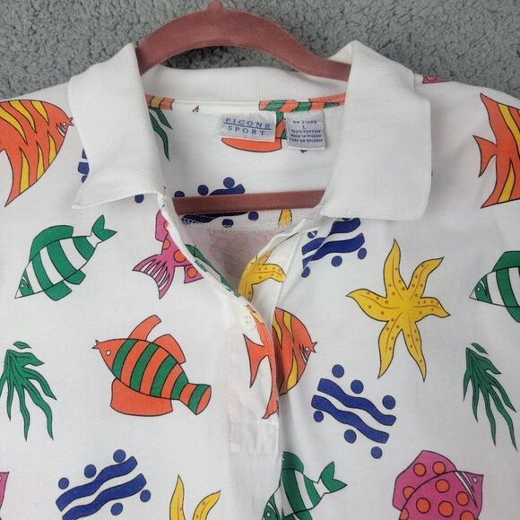 Picone Sport Polo Shirt Womens Large Tropical Fish Colorful 100% Cotton Collared - Picture 4 of 15